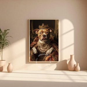 Royal Pitbull – La regina della nobiltà canina – Stampa digitale umoristica in stile reale – Divertente arte murale per cani, decorazioni per cani, decorazioni per la casa. Decorazioni murali.