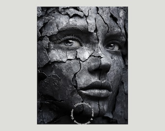 Surreal Black and White Face Art Print: Fractured Resilience (Digital Download)