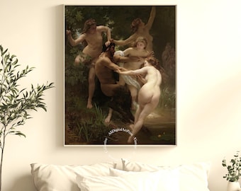 Bouguereau-prent met nimfen en sater: 19e-eeuwse Franse allegorie (digitale download)