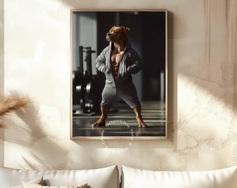 May include: A brown and white dog wearing a gray hooded sweatshirt poses in a gym setting. The dog is standing with its legs spread apart and its arms crossed. The dog is looking to the right of the image.