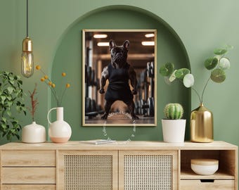 Fransk bulldogg med gymdjur Konsttryck: Rolig hunddekor (digitalt tryck)