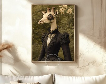 May include: A giraffe wearing a black and white Victorian-style dress with a lace collar and a large, round, steampunk-style eye. The giraffe is standing in a woodland setting with green foliage and flowers.