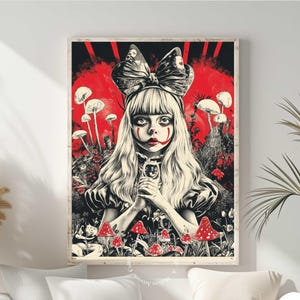 May include: A digital illustration of a young girl with a red and white clown makeup design. She is wearing a white dress with a black bow and holding a small white object. The background is a red and black forest with white mushrooms.