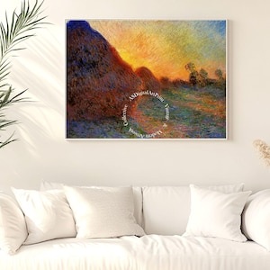 May include: A painting depicting a sunset over a field with haystacks. The sky is a vibrant yellow and orange, with streaks of purple and blue. The haystacks are a dark brown and green, and the field is a light green.