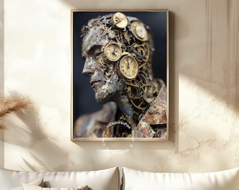 Steampunk Humanoid Print: Clockwork Gears, Industrial Surrealism (Digital Download)