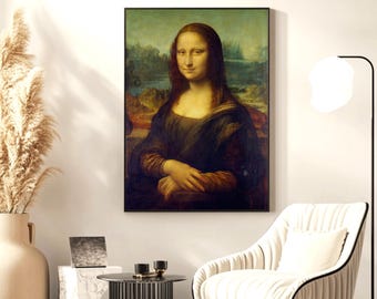 May include: A framed print of the Mona Lisa painting, featuring a woman with a subtle smile, wearing a dark dress. The artwork is displayed in a living room setting, with a white chair and a modern floor lamp.