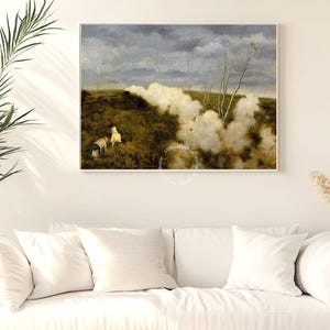 Peut inclure: Une peinture représentant un paysage avec un ciel nuageux et un champ de bouffées de fumée blanches. Deux personnages sont visibles au premier plan, marchant à travers le champ.
