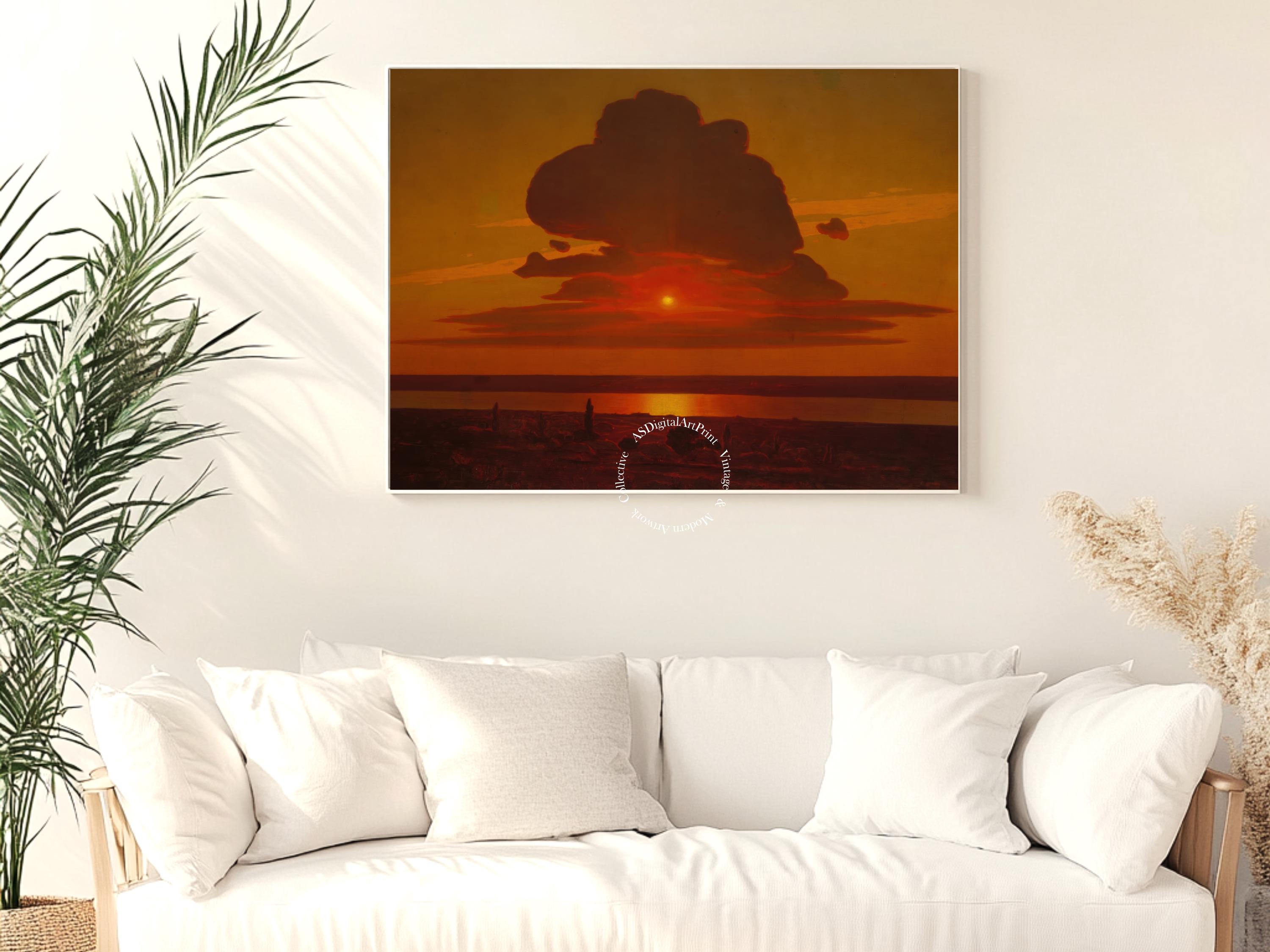 Tableau Toile "Coucher De Soleil Rouge Sur Le Dniepr" De Kuindzhi - Cadre Inclus - Neuf Prêt à Accrocher
