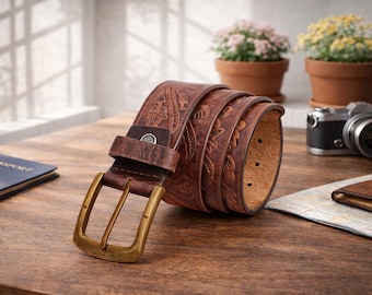 Handmade Western Tooled Leather Belt Floral Embossed Cowboy Belt for Men Vintage Leather Jeans Belt  Valentine Day Gift