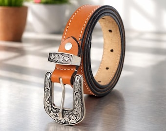 Unisex Genuine Leather Cowboy Cowgirl Belt Western Vintage Engraved Buckle Belt Stylish Casual & Party Wear Belt Gift For Her