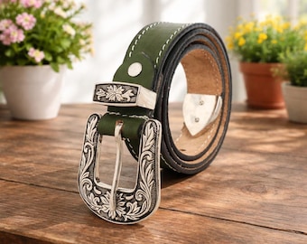 Unisex Genuine Leather Cowboy Cowgirl Belt Western Vintage Engraved Buckle Belt Stylish Casual & Party Wear Belt Christmas Gift Her