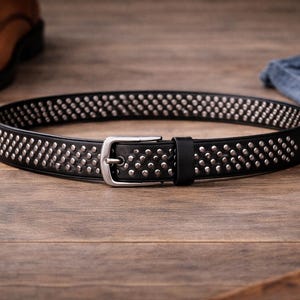 Unisex Black Studded Leather Belt – Punk Rock Gothic Belt with Silver Rivets for Men & Women Valentine Gift