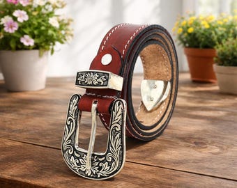 Unisex Genuine Leather Cowboy Cowgirl Belt Western Vintage Engraved Buckle Belt Stylish Casual & Party Wear Belt Christmas Gift For Her