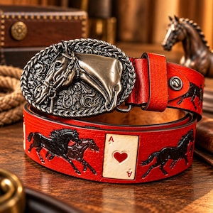 Pode incluir: Um cinto de couro vermelho brilhante com uma grande fivela de metal oval com um relevo de cabeça de cavalo. A tira do cinto é decorada com silhuetas de cavalos pretos em relevo e um gráfico de um ás de copas branco.