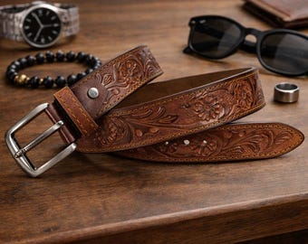 Unisex Genuine Leather Tooled Belt Vintage Floral Western  display picture 1