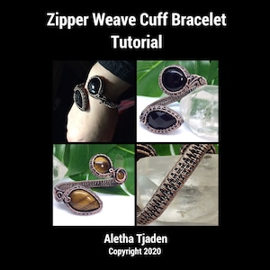 Może przedstawiać: Tkany bransoletka z drutu miedzianego z czarnym onyksem. Bransoletka jest pokazana na nadgarstku modelki i na białym tle. Bransoletka jest również pokazana z tygrysim okiem.  Samouczek dotyczący tkanego bransoletki z zamkiem błyskawicznym. Aletha Tjaden Copyright 2020.