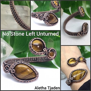Puede incluir: Un brazalete envuelto en alambre de cobre con dos piedras de ojo de tigre. El brazalete est&aacute; abierto y tiene un dise&ntilde;o tejido. Las piedras est&aacute;n engastadas en un engaste de bisel. El brazalete est&aacute; sobre un fondo blanco. "No Stone Left Unturned" y "Aletra Tjaden" est&aacute;n escritos en la imagen.