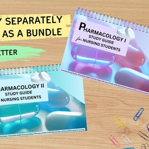May include: Two spiral bound study guides for nursing students. The guides are titled "Pharmacology I Study Guide for Nursing Students" and "Pharmacology II Study Guide for Nursing Students". The covers feature colorful images of pills and capsules.