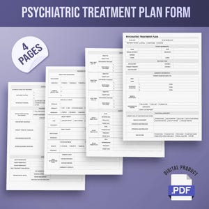Pode incluir: Imagem digital de um formulário de Plano de Tratamento Psiquiátrico. O formulário é branco com texto preto e inclui seções para informações do paciente, detalhes do tratamento e informações de diagnóstico. A imagem mostra quatro páginas do formulário.