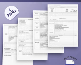 May include: A digital PDF document titled "FALL RISK ASSESSMENT FORM" with four pages. The form includes sections for patient information, fall history, and risk assessment. The document is designed for healthcare professionals.
