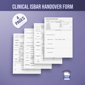 Puede incluir: Una pila de cuatro formularios blancos de transferencia ISBAR clínica, un documento médico para la atención al paciente. Los formularios están dispuestos sobre un fondo púrpura con el texto "4 Pages" en una pegatina. Los formularios están etiquetados con el texto "Clinical ISBAR Handover Form".