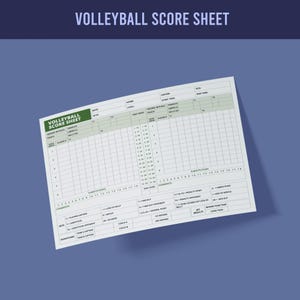 May include: A white volleyball score sheet with a green header that reads "VOLLEYBALL SCORE SHEET". The sheet has sections for home and visitor teams, with spaces for player names, scores, and substitutions. The text "SUBSTITUTIONS" is visible.