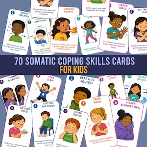 May include: A set of 70 somatic coping skills cards for kids featuring colorful illustrations of children performing various physical exercises. Each card includes a numbered title and instructional text for activities like breathing, stretching, and sensory grounding techniques.