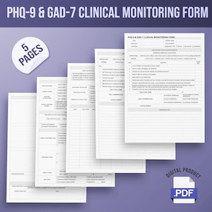 Puede incluir: Un producto digital, un formulario de seguimiento clínico PHQ-9 & GAD-7. El documento PDF tiene 5 páginas. El título está en negrita, azul oscuro. Las palabras "DIGITAL PRODUCT" y ".PDF" también son visibles.