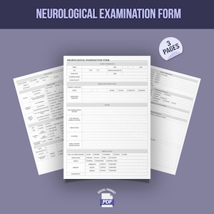May include: A digital product image of a neurological examination form. The form is white with black text and includes sections for patient information, medical history, and mental status. The text "NEUROLOGICAL EXAMINATION FORM" is at the top. A sticker reads "3 PAGES".