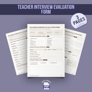 Op de afbeelding: Een documentenset van drie pagina's genaamd Teacher Interview Evaluation Form. De pagina's bevatten secties voor kandidaatgegevens, interviewoverzicht, kwalificatiebeoordeling en interviewnotities met lijnen voor schriftelijke feedback.