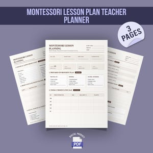 Puede incluir: Un planificador de lecciones Montessori de tres páginas para docentes impreso en papel blanco. El documento incluye secciones para planificación semanal, entorno preparado, mapas de presentación, seguimiento de observaciones y notas.