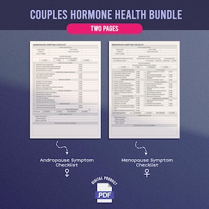 Puede incluir: Un documento PDF digital titulado "Couples Hormone Health Bundle" con dos páginas. Las páginas son listas de verificación de síntomas de andropausia y menopausia. El documento incluye el texto "Digital Product .PDF".