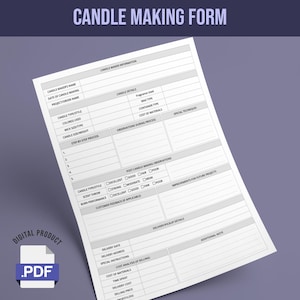 Peut inclure: Un formulaire imprimable pour la fabrication de bougies avec des sections pour les informations du fabricant de bougies, les détails des bougies, les observations pendant le processus, les observations post-fabrication des bougies, les améliorations pour les projets futurs, les détails de la livraison et de la prise en charge, et une section de note supplémentaire.