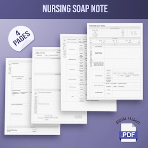 Peut inclure: Un produit numérique au format PDF présentant un modèle de note SOAP infirmière. L'image montre quatre pages avec des sections pour les informations sur le patient, les évaluations objectives et subjectives, un plan et une évaluation. Le titre "Nursing SOAP Note" est en haut.