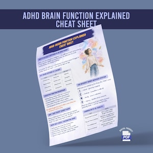 以下が含まれることがあります： ADHD Brain Function Explained Cheat Sheetと題されたデジタル情報シート。カラフルな抽象的渦巻きの中で上を見上げる人物のイラストが描かれています。脳のシステムや実行機能に関するセクションが含まれています。