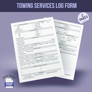 Puede incluir: Un formulario de registro de servicios de remolque de dos páginas con secciones para información del cliente, detalles de despacho, información del camión de remolque, información de pago y condición del vehículo. El formulario incluye campos para el nombre, la dirección, el número de teléfono, la marca del vehículo, el modelo, el año, el VIN, la lectura del odómetro, la ubicación de recogida, la ubicación de entrega, la distancia remolcada, la razón del remolque, el método de remolque, los servicios realizados, el equipo utilizado y la firma del cliente.