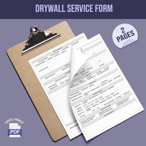 May include: A two-page Drywall Service Form printed on white paper with black text and checkboxes, secured to a brown clipboard. The document includes sections for access information, project details, drywall type, and finish level specifications.