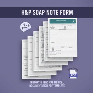 Puede incluir: Una plantilla digital de formulario de notas SOAP H&P que consta de 6 páginas de documentación médica. Los formularios blancos presentan texto negro, campos estructurados para historial, exámenes físicos y evaluaciones clínicas.