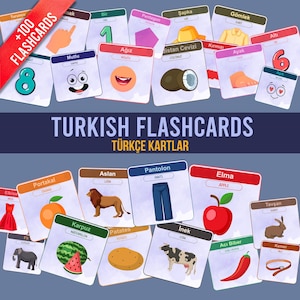 May include: A collection of educational flashcards for learning Turkish, featuring colorful illustrations of animals, food, clothing, and numbers. Each card displays a Turkish word, its English translation, and a corresponding graphic image.