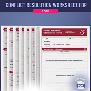 Peut inclure: Une fiche de travail numérique de 8 pages pour la résolution de conflits en couple, avec une mise en page bordeaux et blanche. Le document comprend des sections pour les informations sur le conflit et les perspectives des partenaires.