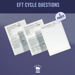 May include: Three white pages of EFT Cycle Questions therapy worksheets with black text and lines. The documents include sections for surface triggers, core attachment needs, and session notes. A circular badge indicates 3 PAGES and a PDF icon is visible.
