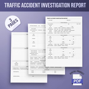 May include: A three-page traffic accident investigation report form with sections for incident information, driver information, vehicle information, and witness statements. The form is designed for use by law enforcement officers.