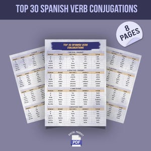 May include: A digital educational document titled Top 30 Spanish Verb Conjugations, consisting of 8 pages in PDF format. The pages feature organized tables displaying Spanish pronouns and verb tenses including present, past, imperfect, and future.