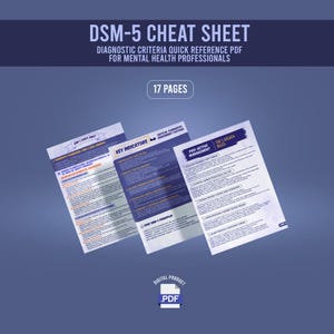 May include: A digital PDF cheat sheet titled "DSM-5 Cheat Sheet" with diagnostic criteria for mental health professionals. The image shows three open pages with text and headings like "Key Indicators" and "Pro-Active Management". The PDF is labeled as a digital product.