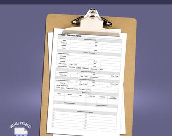 Puede incluir: Un formulario de planificación de cirugía imprimible en un portapapeles. El formulario incluye secciones para la información del paciente, el procedimiento quirúrgico, los requisitos preoperatorios y los implantes de equipo necesarios.