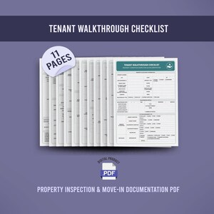 Può includere: Una pila di moduli bianchi di Tenant Walkthrough Checklist con il testo "Tenant Walkthrough Checklist" e "Property Inspection & Move-In Documentation PDF". L'immagine include anche un adesivo "11 Pages" e un'icona PDF digitale.
