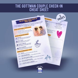 May include: A two-page digital PDF titled The Gottman Couple Check-In Cheat Sheet. The document features purple and white watercolour backgrounds, an illustration of a couple, a coffee cup with the word LOVE, and a pink heart icon.