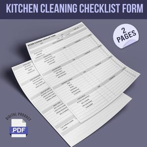May include: A printable kitchen cleaning checklist form with two pages. The checklist includes sections for storage areas, waste management, equipment cleaning, end of shift tasks, weekly tasks, and floors and walls. The form has checkboxes for each task and space to record the time and cleaner's name.