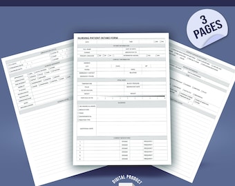 May include: A three-page nursing patient intake form document in PDF format. The white pages feature black text and lines with sections for patient information, contact details, vital signs, allergies, and current medications with dosage and frequency.