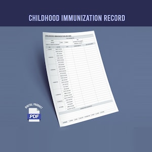 Pode incluir: Um formulário branco de "Registro de Imunização Infantil" com um cabeçalho azul e um ícone PDF digital. O formulário inclui seções para informações da criança, vacinas e detalhes de consultas. O fundo é um gradiente de azul.